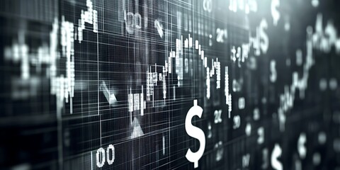 Fototapeta premium Corporate gray background with faint white economic symbols.