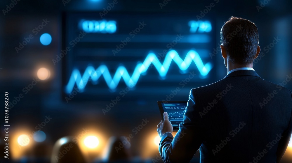 Poster a professional presentation featuring a man analyzing fluctuating data on a screen, highlighting tre