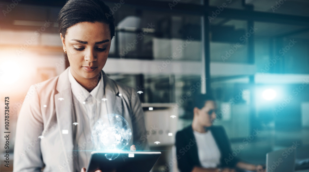 Poster hologram, tablet and business woman in office on tech for global networking, online connection and r