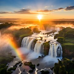 Fototapeta premium Sunlit Iguazu Falls: Aerial View of Cascading Water and Rainbow Mist