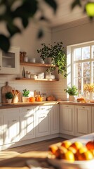 Sunlit cozy kitchen corner with wooden shelves, potted plants, and warm accents. Natural light streams through window, illuminating rustic decor and fresh produce.