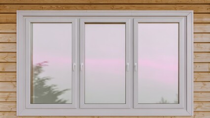 Fototapeta premium Closed white sliding windows with a pastel reflection, installed on wooden wall.