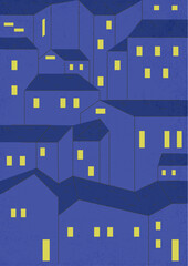 Simple city by night illustration. Line style night townscape art. Minimalism city