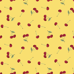 Seamless pattern with red cherry fruit with green leaves. Red cherries repeating background. Summer fruit print. Perfect for packaging, wallpaper, fabric, wrapping, stationery, scrapbooking projects.