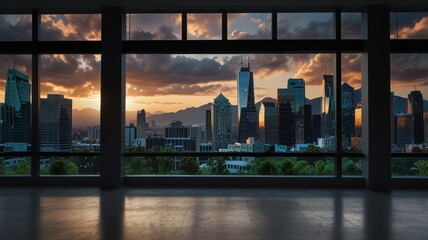 View of a city skyline at sunset through large windows.