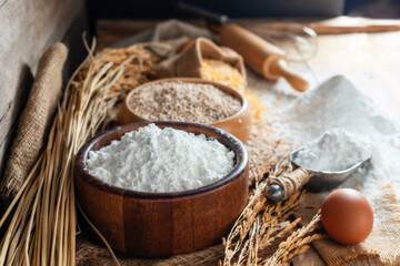 Rice flour, white wheat flour With ears of rice, natural agricultural food, top view