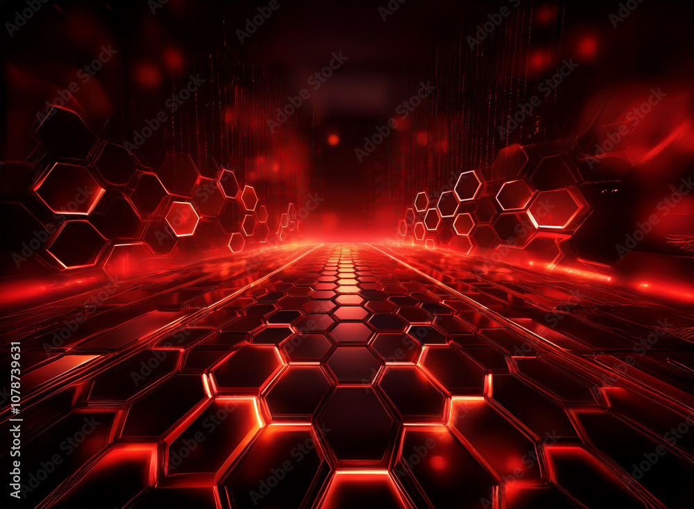 Aufkleber A glowing red pathway lined with hexagonal structures extends into a dark, abstract background.