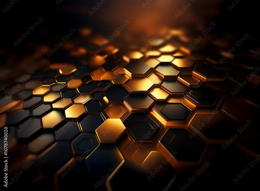Poster a dark background with a repeating pattern of black and gold hexagons. the hexagons have a 3d effect