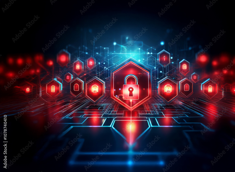 Poster A glowing red padlock icon sits in the center of a digital circuit board surrounded by smaller red lock icons on a dark blue background.