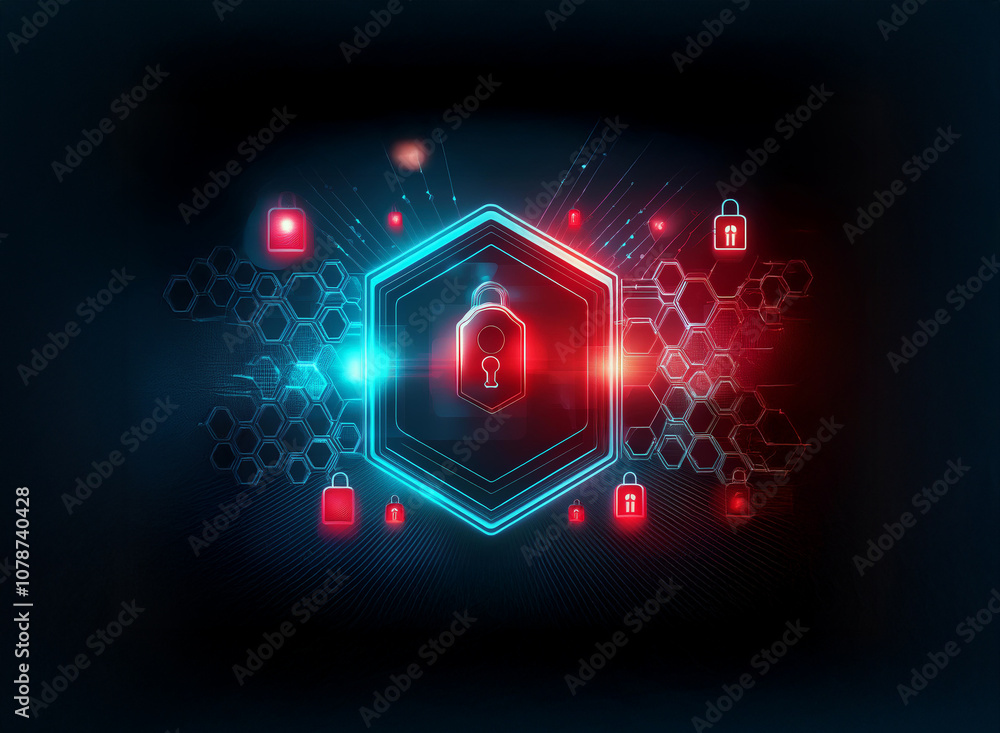 Poster a glowing blue hexagon with a padlock icon in the center, surrounded by smaller red padlocks and a d