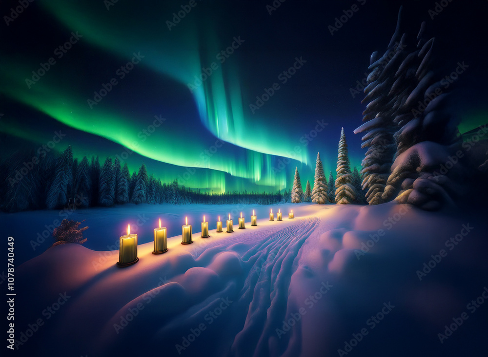Poster a path lined with candles leads through a snowy forest under a vibrant aurora borealis.