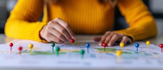 Obraz premium A person is placing colorful pins on a map, suggesting planning or navigation in a thoughtful, focused manner.