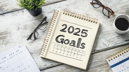 A notebook with the words "2025 Goals" written on it, with a calendar, glasses, a potted plant, a cup of coffee, and other notebooks on a white wooden desk.