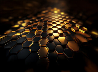 Obraz premium A dark background with a golden honeycomb pattern, reflecting light.