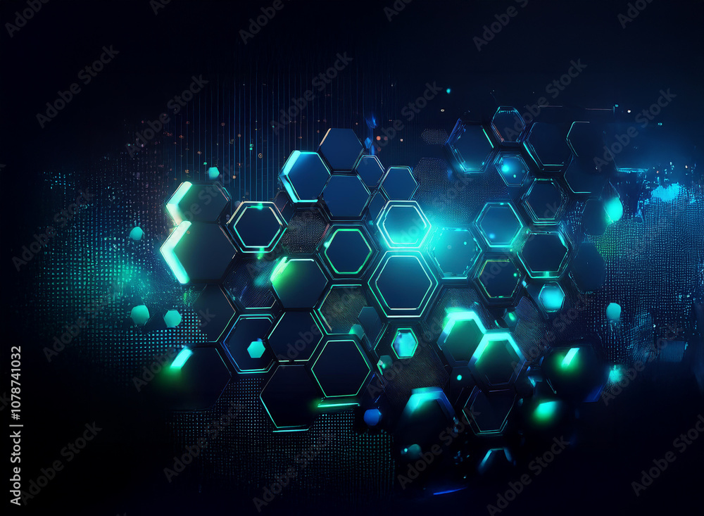 Aufkleber abstract digital art featuring glowing blue and green hexagons on a dark background with a bright gl