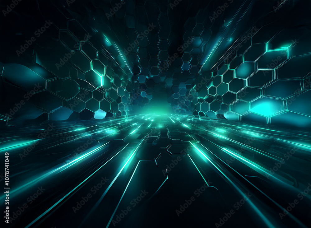 Aufkleber A glowing, abstract digital space filled with luminous lines and hexagonal patterns, creating a sense of depth and movement.