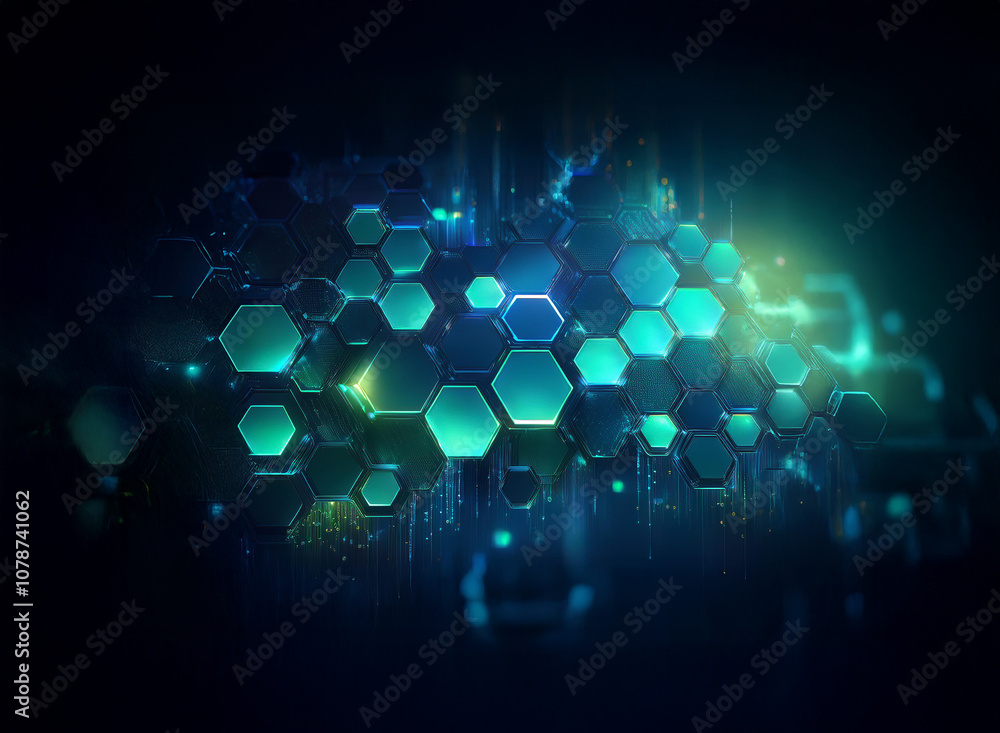 Poster abstract digital art with glowing blue and green hexagonal patterns against a dark background.