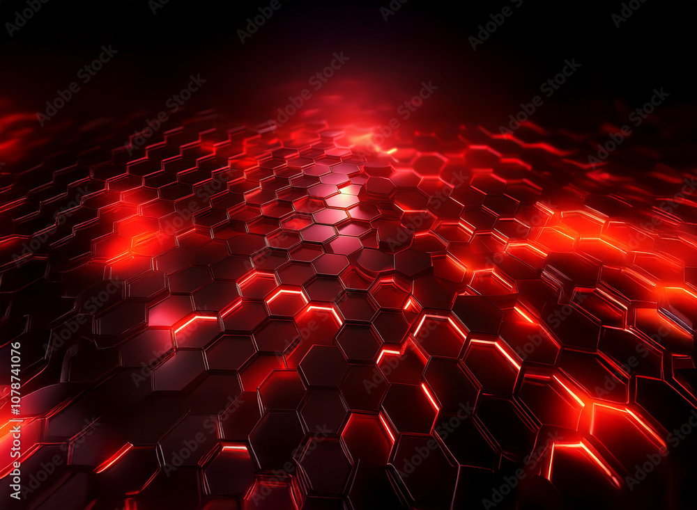 Poster a red and black hexagonal pattern with a glowing light source in the center.