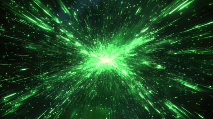 Fototapeta premium A burst of vibrant green neon light energy rays spreading across space, creating an abstract, futuristic background full of dynamic motion.