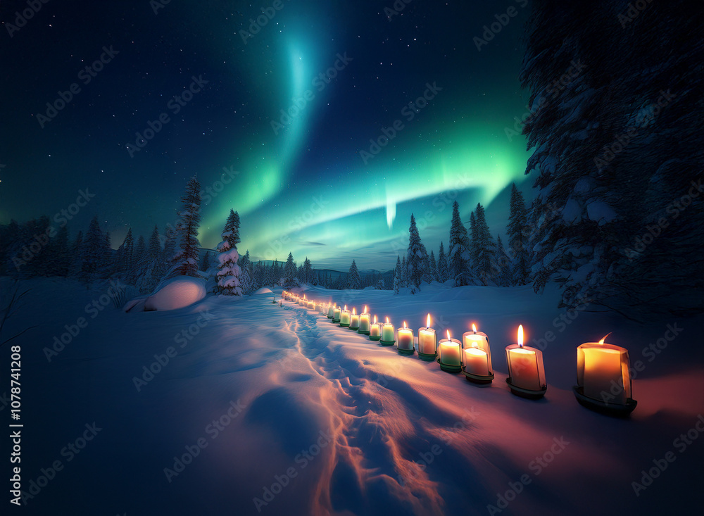Aufkleber a path illuminated by candles leads through a snowy forest under the aurora borealis.