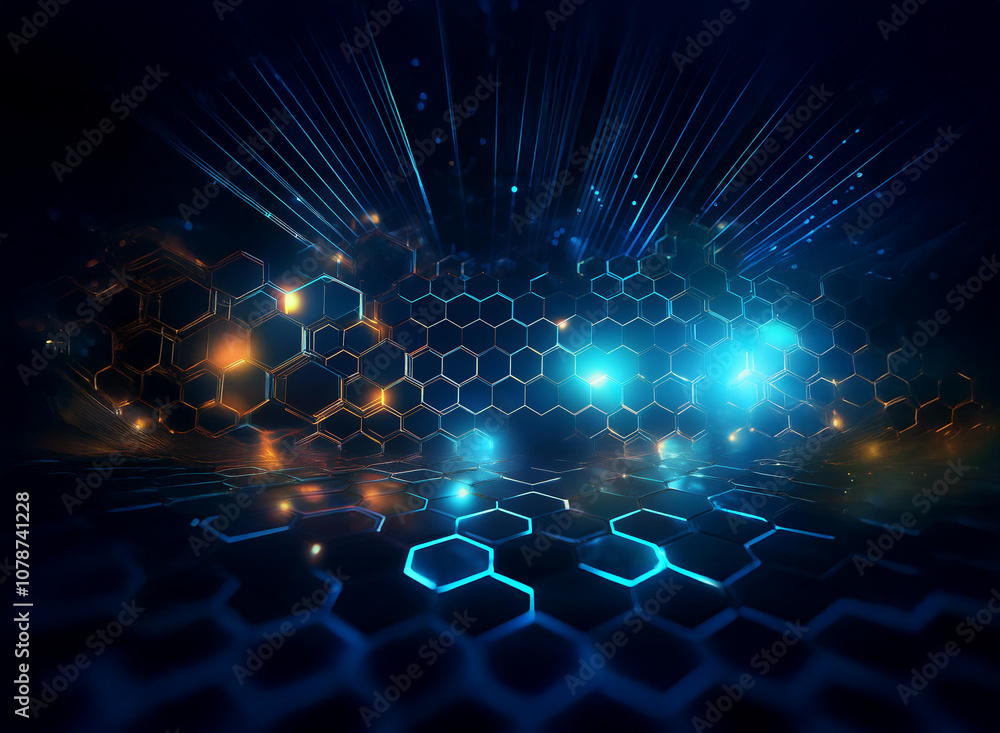 Poster Abstract digital background with a hexagonal pattern and glowing blue and orange lights.
