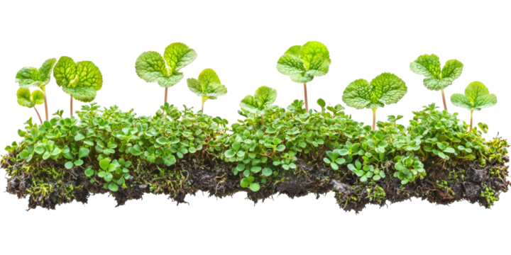 Fresh green sprouts growing in a well-nourished patch of soil during bright daylight in a natural setting