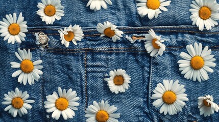 Obraz premium A close-up shot of a denim background, decorated with daisy flowers arranged in a charming, random pattern.