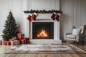 Cozy Christmas fireplace with gift boxes, stockings, Christmas tree, plush rug, and armchair in a festive living room with white walls and wood floor.