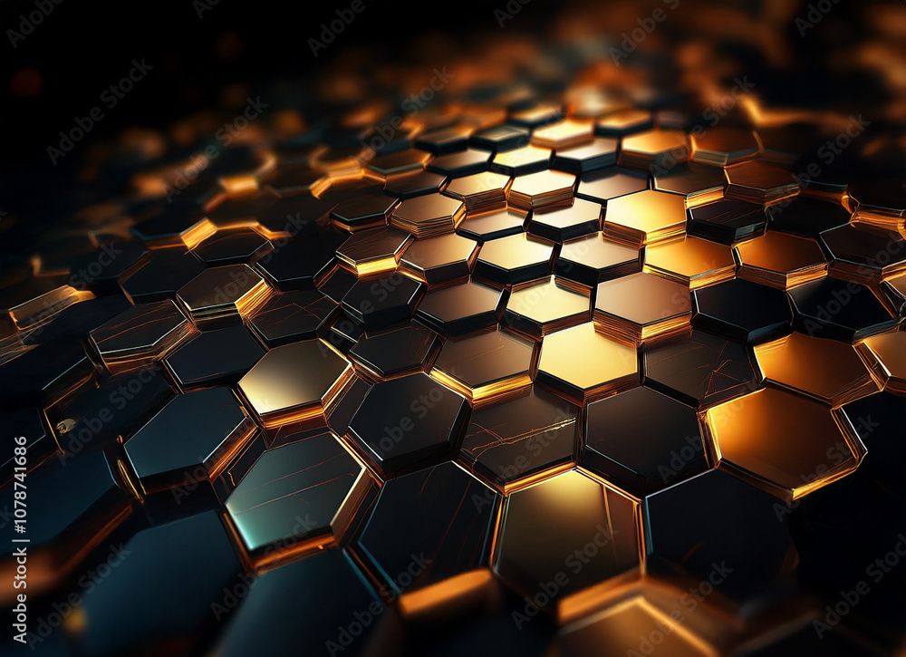 Poster a dark and sleek background with a field of metallic gold hexagons.