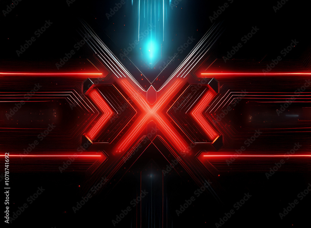 Aufkleber a futuristic design with a glowing red x centered on a black background, highlighted with thin blue 