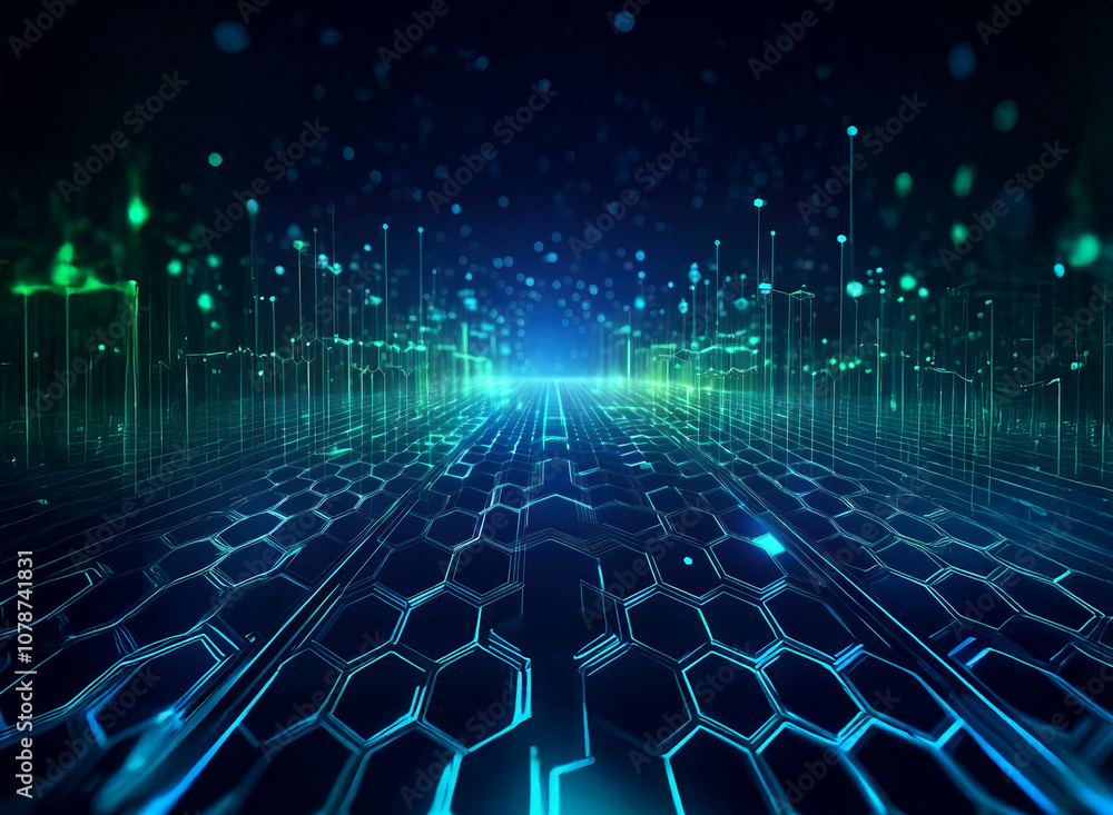 Fototapete A futuristic digital landscape with glowing lines and hexagonal patterns, creating a sense of depth and movement.