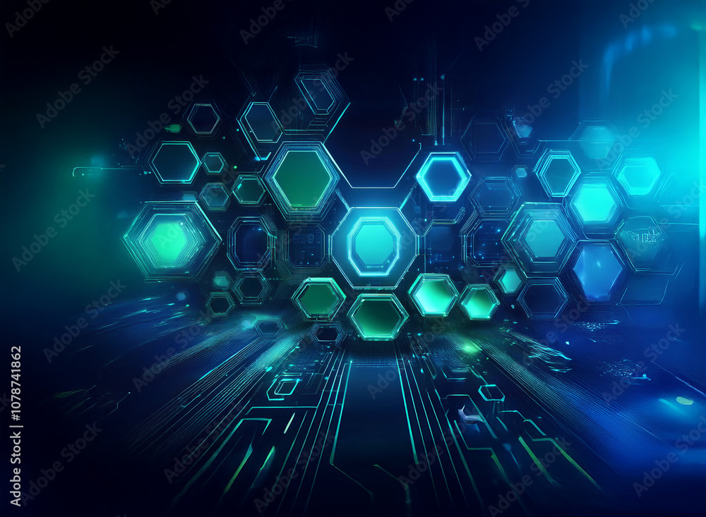 Poster a dark blue background with a glowing green and blue hexagon pattern. the hexagons are connected by 