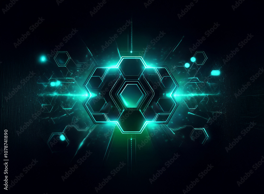 Poster A glowing, teal-colored hexagonal pattern with a dark center and radiating lines against a dark background.