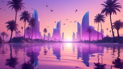 Obraz premium A virtual paradise with metallic palm trees and chrome ocean waves reflecting the sunset. A pink-purple gradient sky with holographic birds and sleek futuristic buildings in the background
