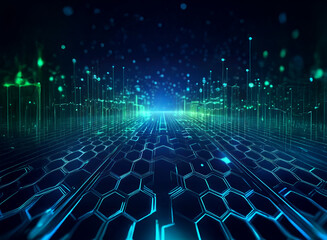 Obraz premium A futuristic digital landscape with glowing lines and hexagonal patterns, creating a sense of depth and movement.