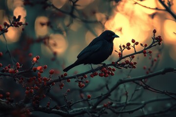 Obraz premium A black bird perched on a branch with red berries against a blurred background of a sunset.