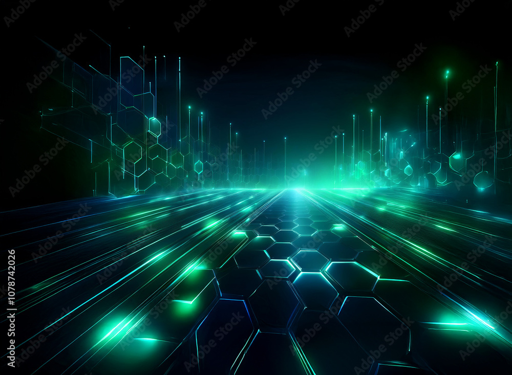 Poster a futuristic highway with glowing green lines and hexagonal patterns, leading into a bright light in