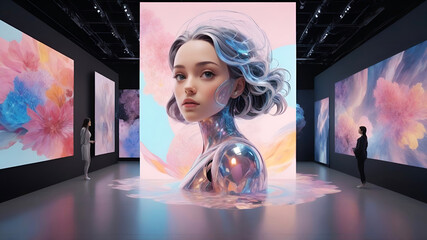 AI art gallery, where still images come to life through subtle, looping animations, creating immersive experiences for social media, digital displays, and metaverse applications