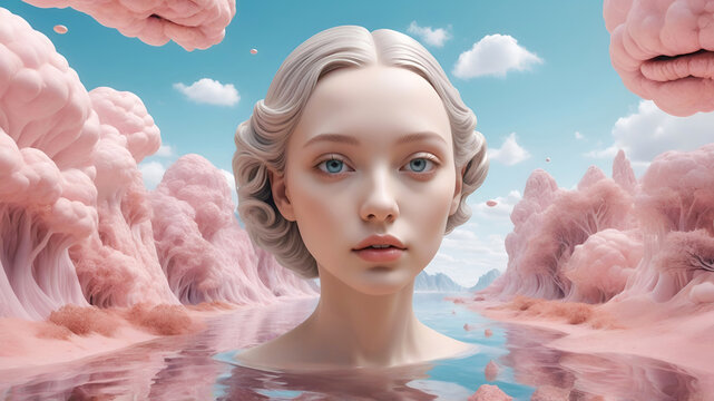 A detailed female face combined with fairy-tale, surreal landscapes and objects that merge with fantastic floating objects, changing landscapes or fantastic atmospheres