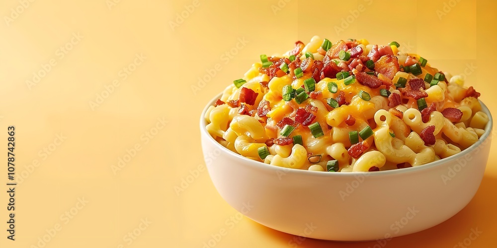 Poster an up-close view of a container of macaroni and cheese with green onions and pieces of bacon on a cl