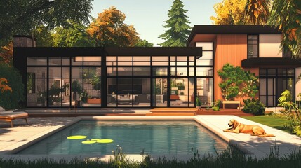 An L-shaped modern house with large windows surrounding a small swimming pool, with a golden retriever lying by the poolside.