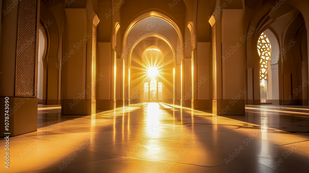 Poster serene golden light streaming through arched architecture in an elegant interior space with soft sha