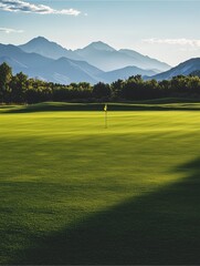 Fototapeta premium A golfer prepares to tee off on a lush green fairway surrounded by towering trees and a picturesque blue sky