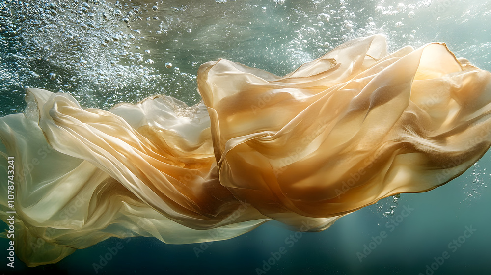 Poster ethereal flow of delicate fabric underwater creating beautiful textures and patterns surrounded by b