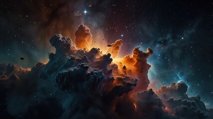Obraz premium A celestial nebula with swirling clouds of gas and dust, illuminated by distant stars.