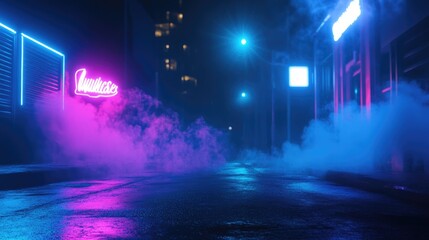 Dark street with a neon glow, blue spotlights illuminating the scene. Smoke rises from the asphalt, adding mystery and ambiance.