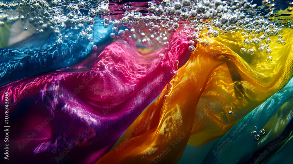 Poster vibrant flow of colorful silks undulating beneath water surface with air bubbles creating an etherea