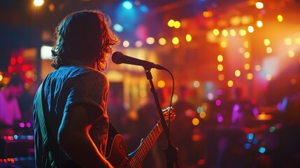 A musician performs passionately on stage under vibrant lights, captivating the audience.