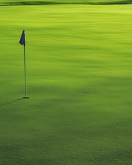 Obraz premium A golfer prepares to putt on a lush green fairway, aiming for the flag marking the hole