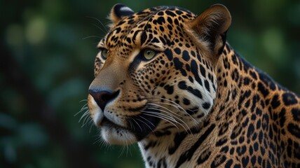 Close-up portrait of a majestic leopard with piercing green eyes, looking intently to the side.